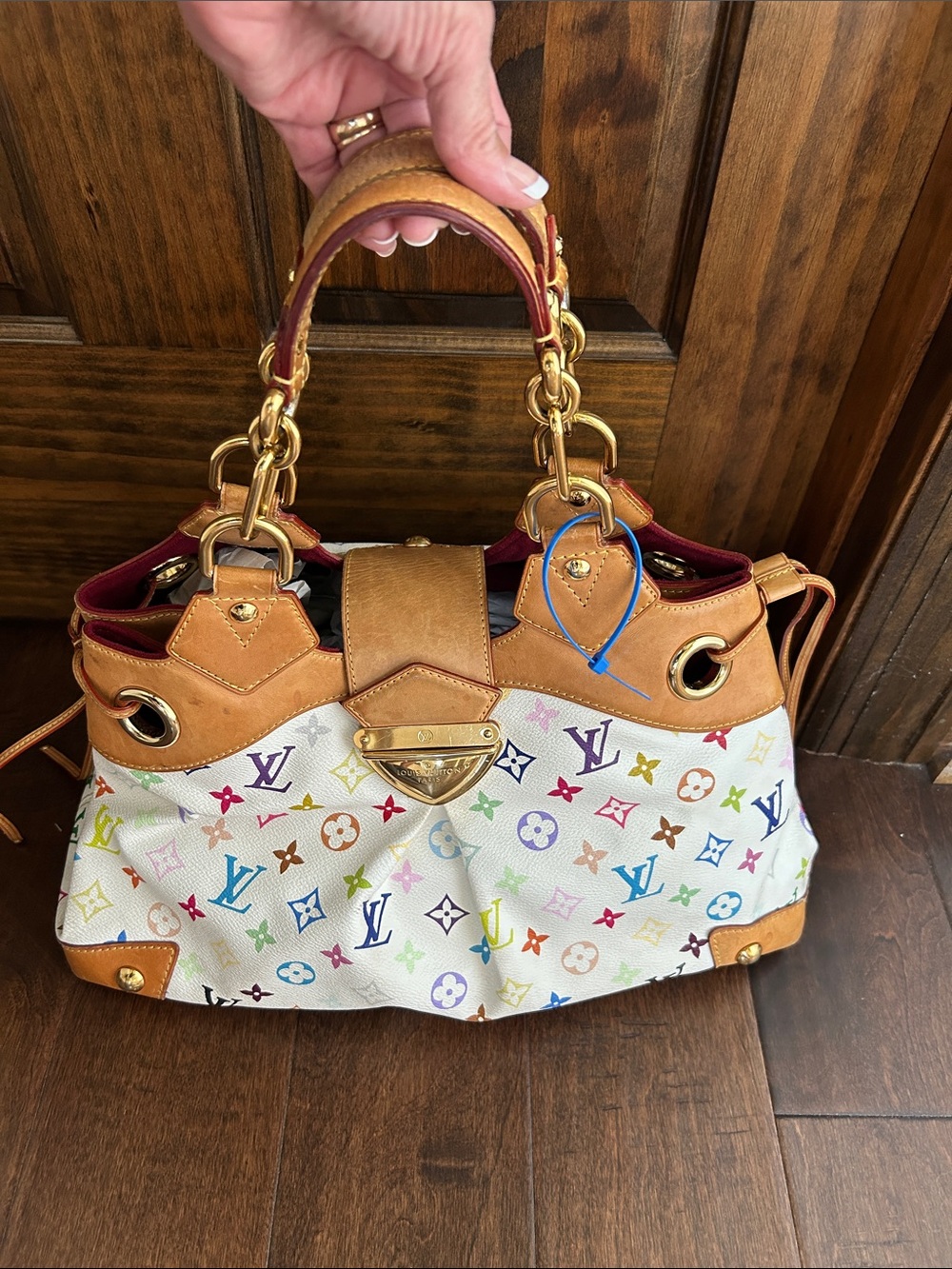 Louis Vuitton White Multicolor Monogram Ursula Satchel with Tan Trim